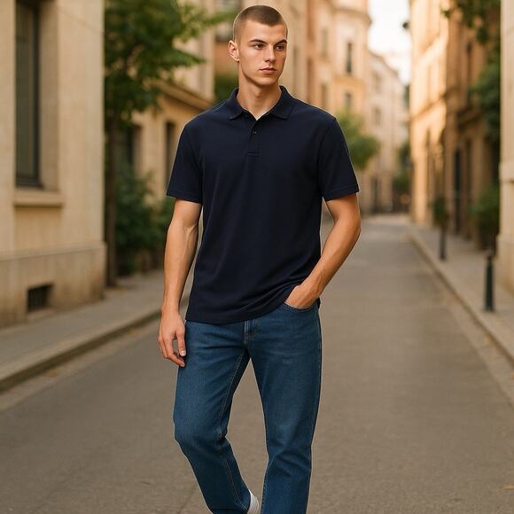 Alfani Mens Regular Short Sleeve Polo Shirt Small Navy Blue Solid Stretch Poly - Picture 1 of 16